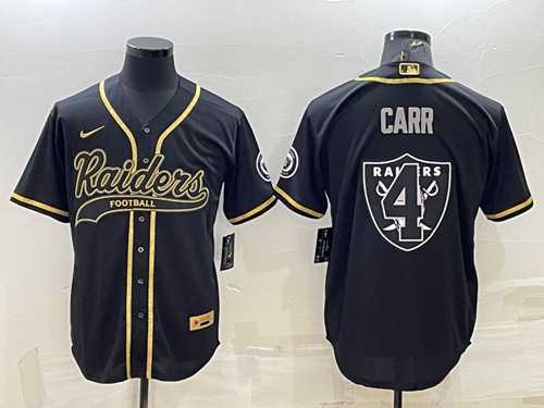Men%27s Las Vegas Raiders #4 Derek Carr Black Gold Team Big Logo With Patch Cool Base Stitched Baseball Jersey->las vegas raiders->NFL Jersey